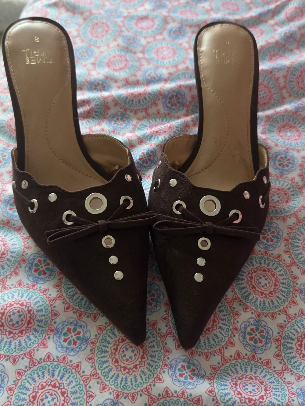 Time and Tru Dark Brown Pointed Toe Slip-On Mules with Eyelet Accents